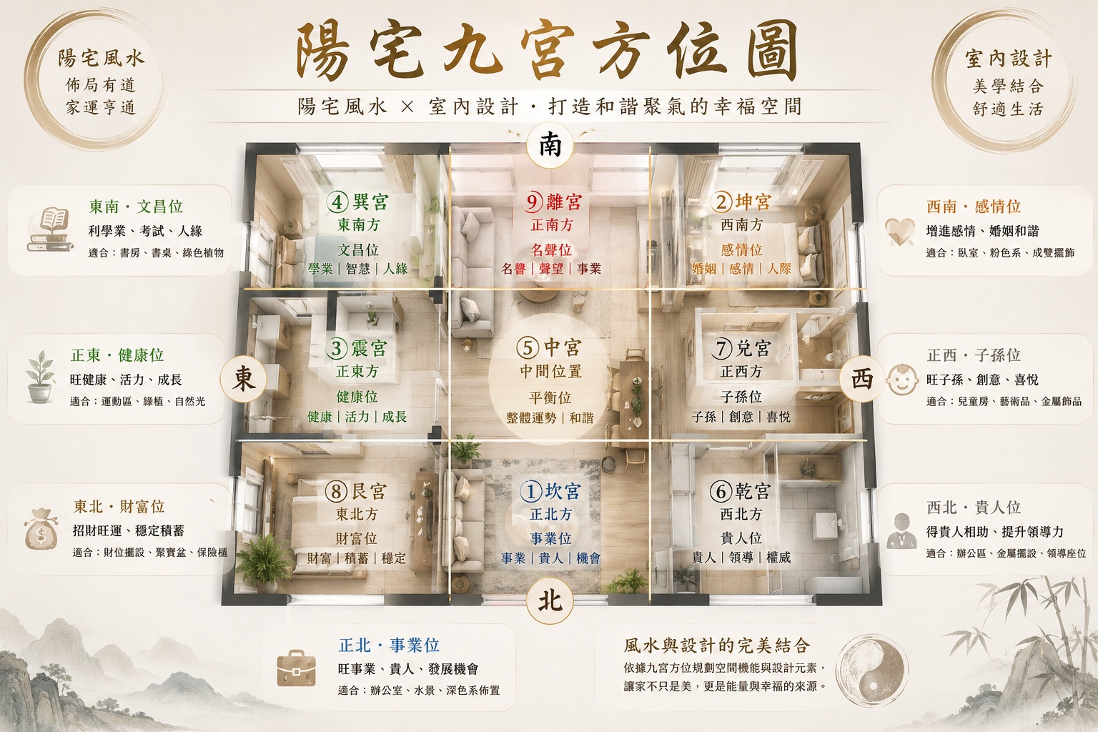 陽宅九宮方位圖：虉觀將玄關、財位、文昌位、健康位、中宮、名聲位、感情位、子孫位、貴人位等九宮方位，與室內設計動線一併規劃